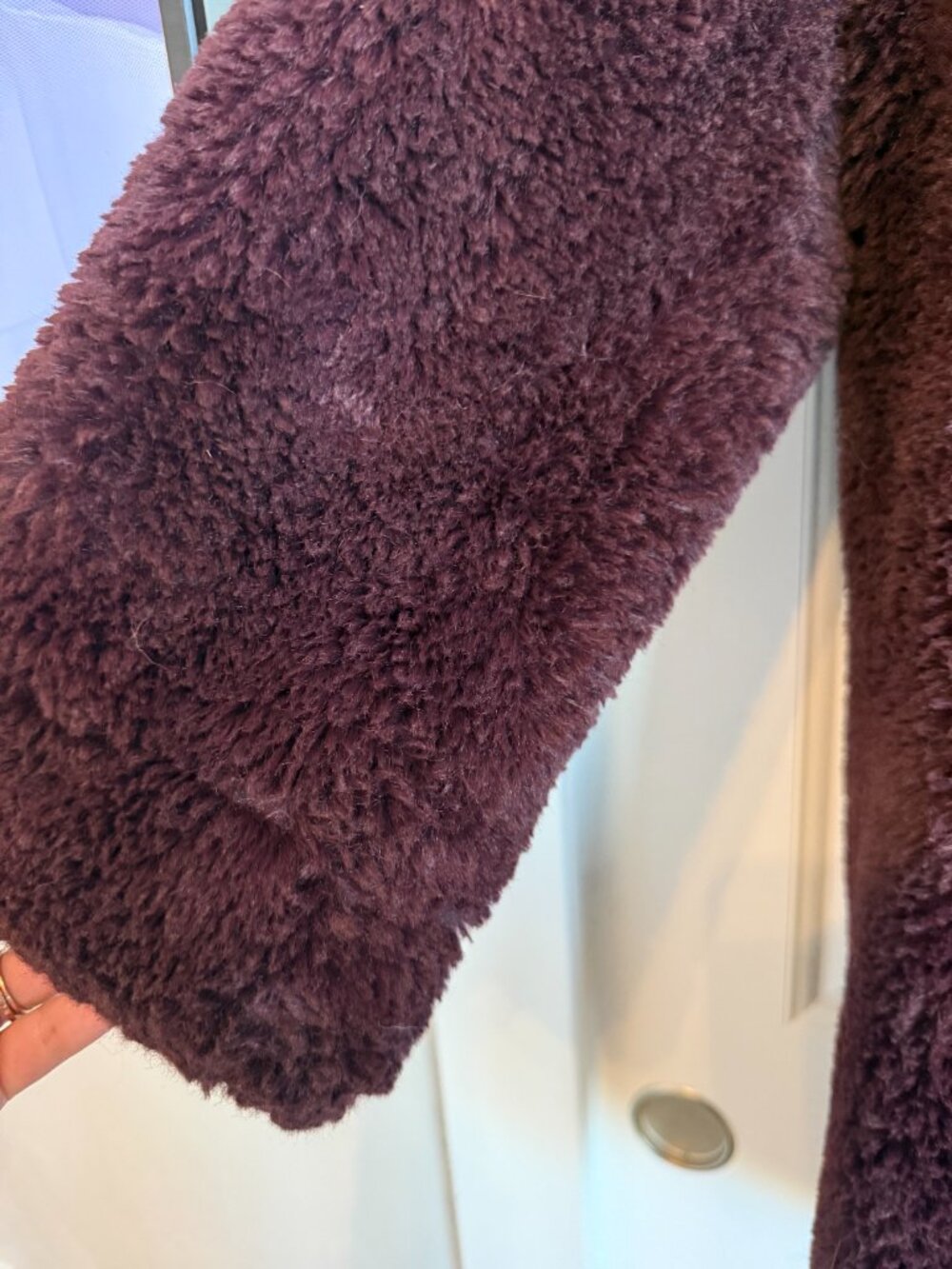 DKNY hooded faux fur coat in a rich burgundy. Size XL - Picture 3 of 7